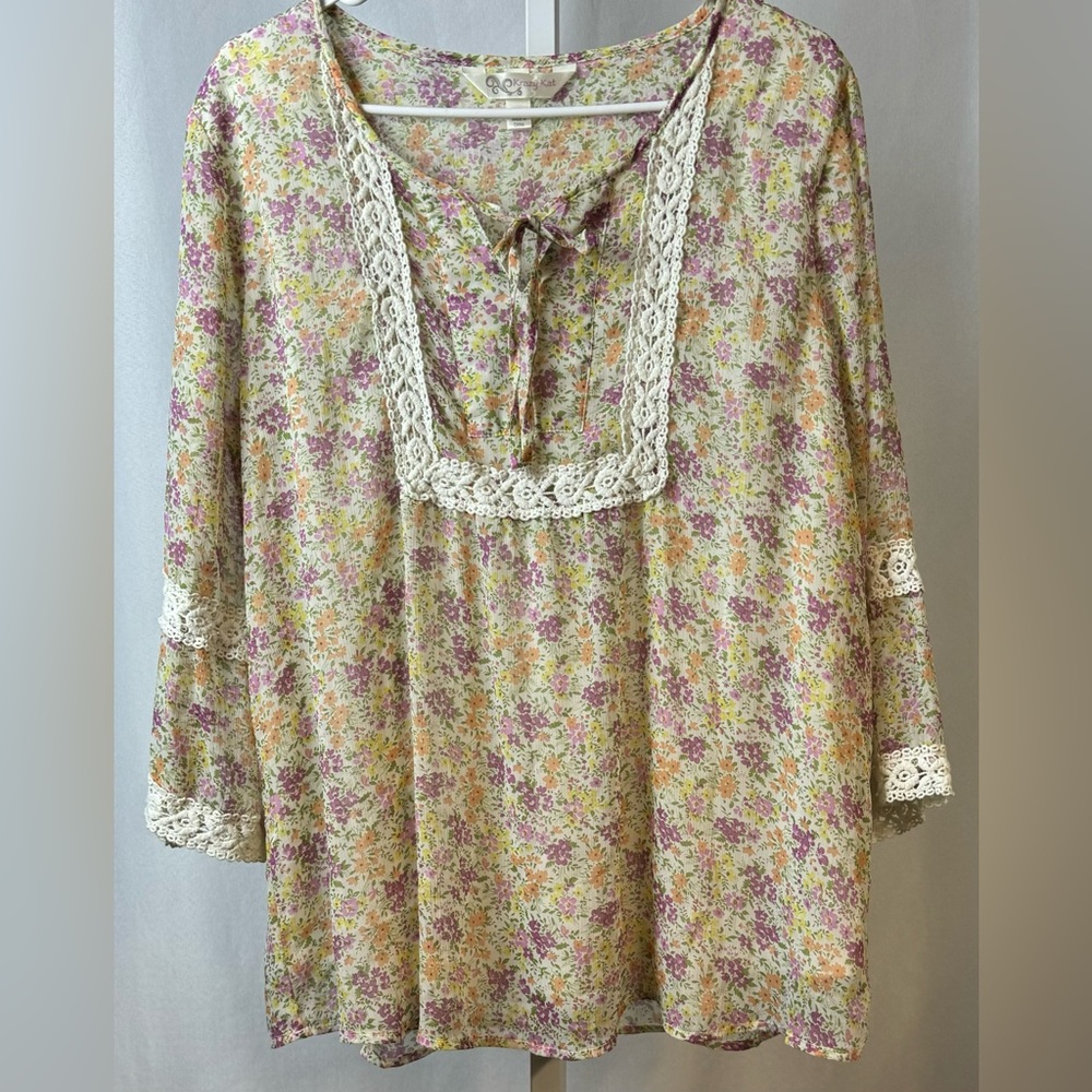Krazy Kat Long Sleeve Floral & Lace Top Blouse Sheer Lined Boho Peasant sz XL